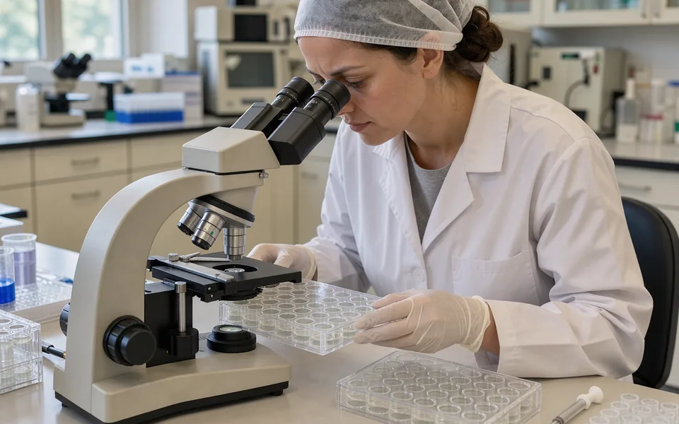 A technician examines a clear cell-culture plate at an inverted microscope