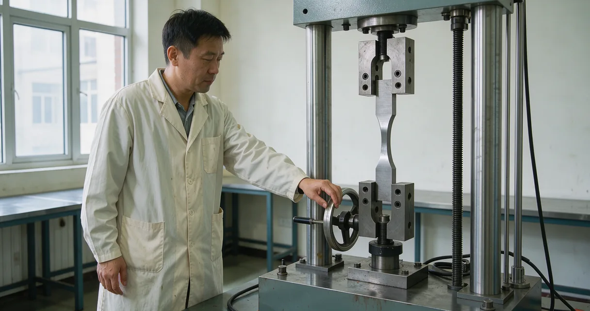 A narrow steel specimen clamped in a tensile-testing machine beside a technician